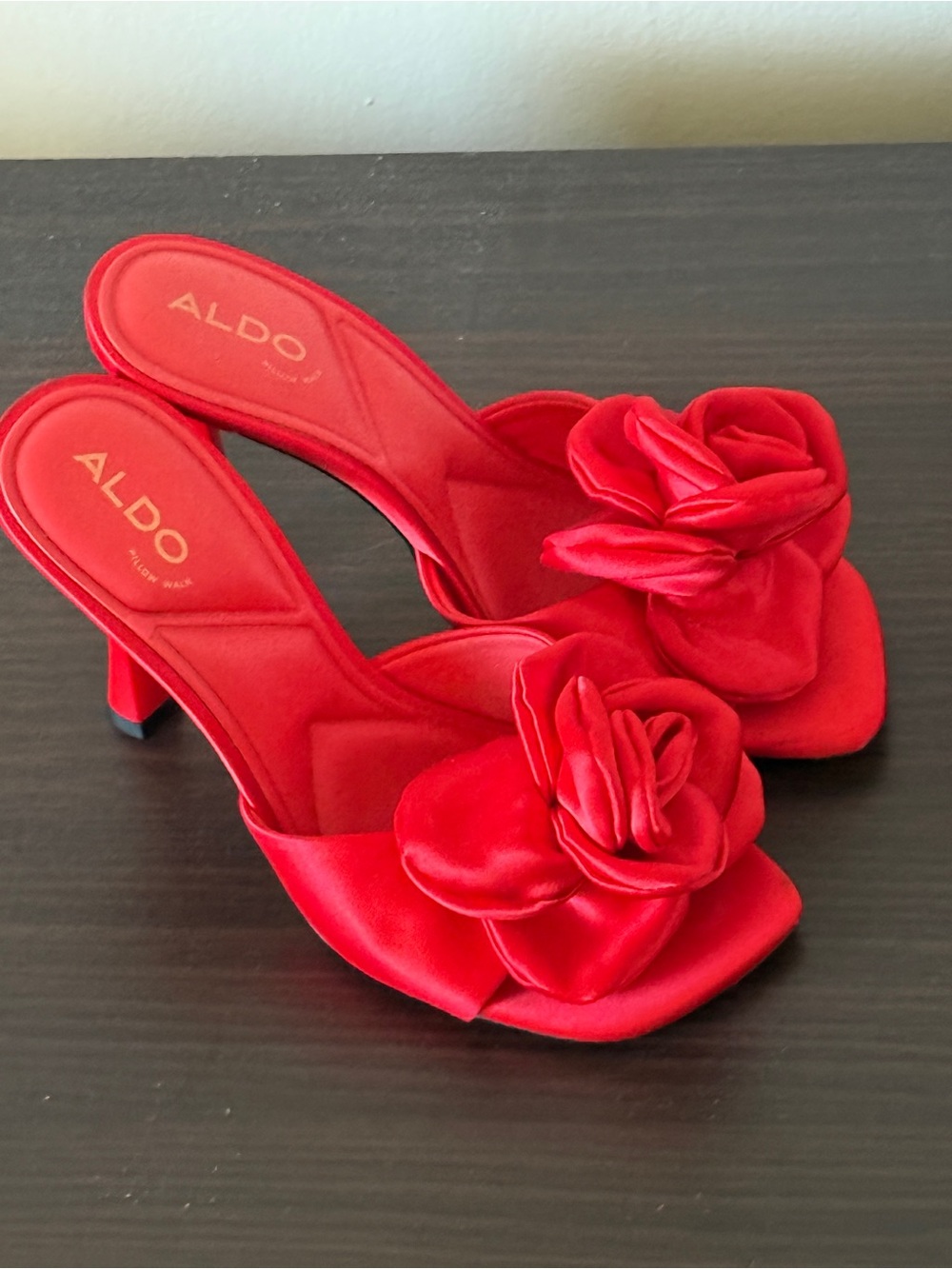 ALDO Red Satin Rose-Accent Mule Heels
